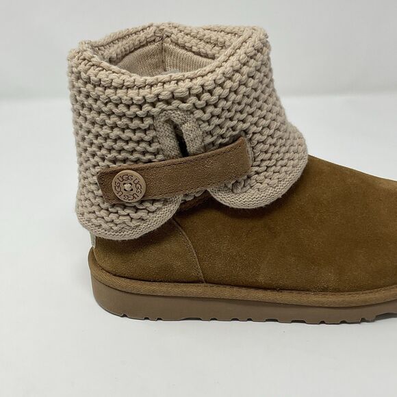 UGG Darrah Girls Sweater Knit Chestnut Suede Sheepskin Foldover Button 5 Kids - Picture 6 of 16